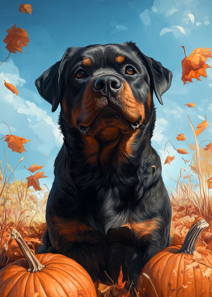 Rottweiler Dog with Pumpkins and Autumn Leaves | Fall Dog Portrait