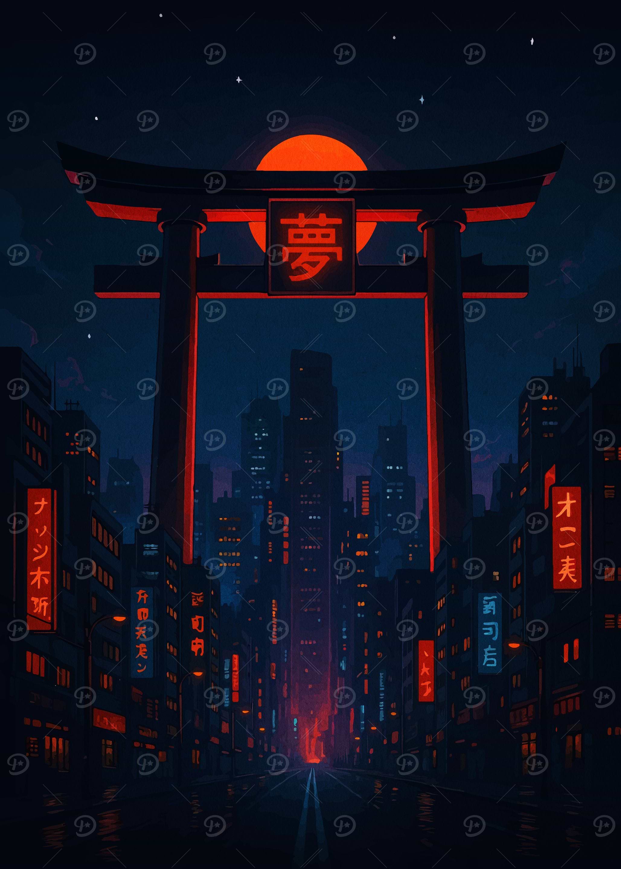 Neon Cityscape with Torii Gate