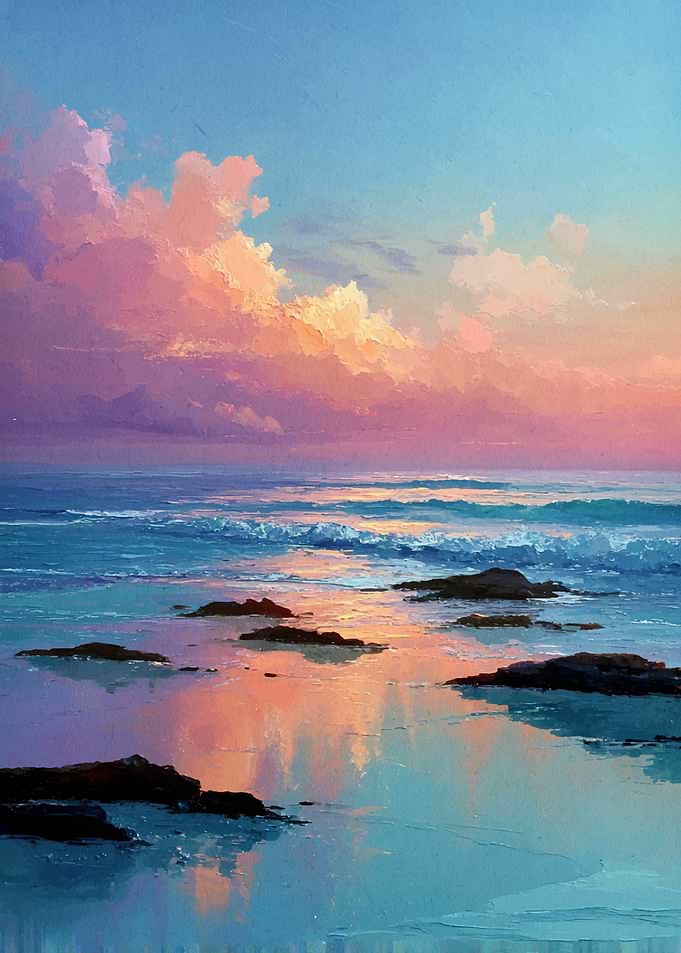 Coastal Sunset Painting with Rocks