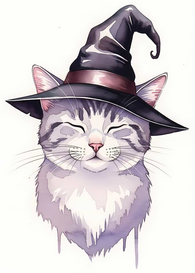 Cat with Witch Hat Watercolor