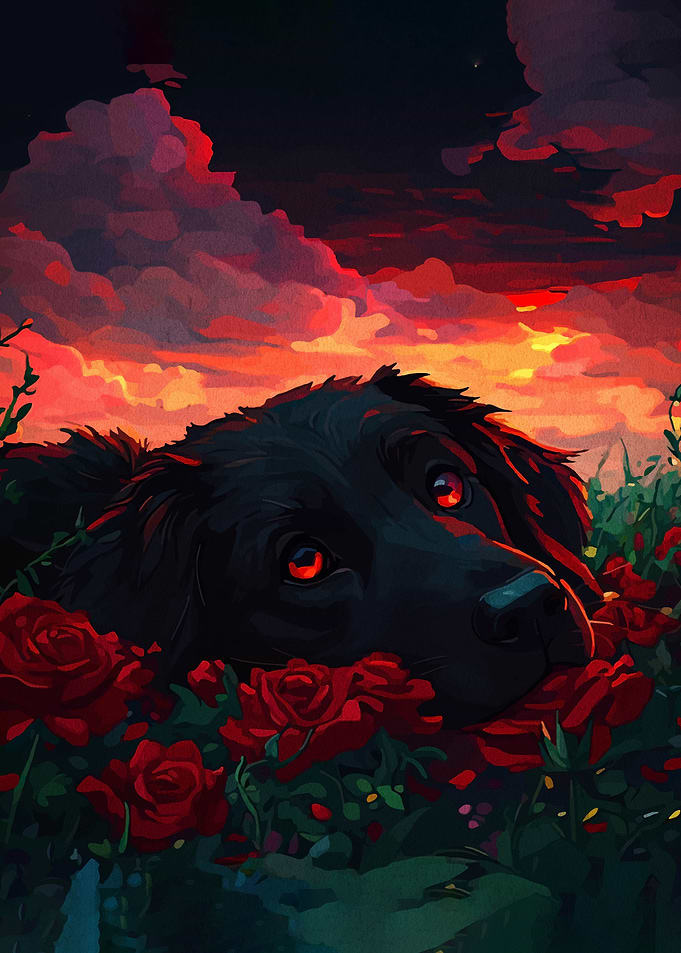 Black Dog in Roses at Sunset