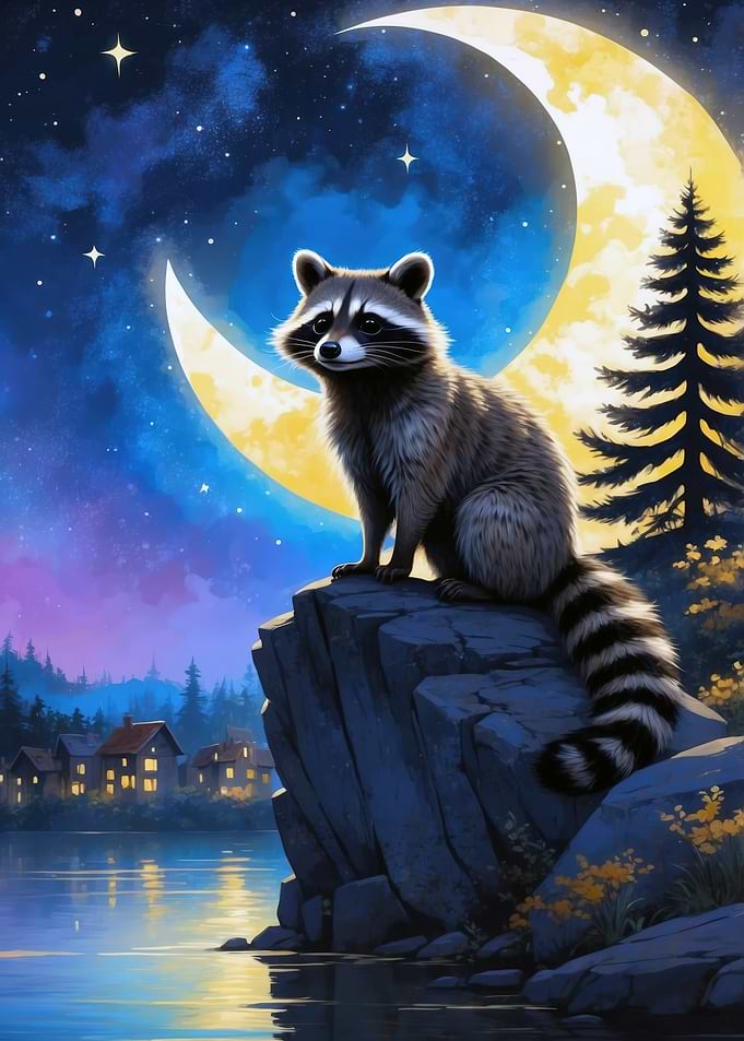 Raccoon under the Moonlit Sky