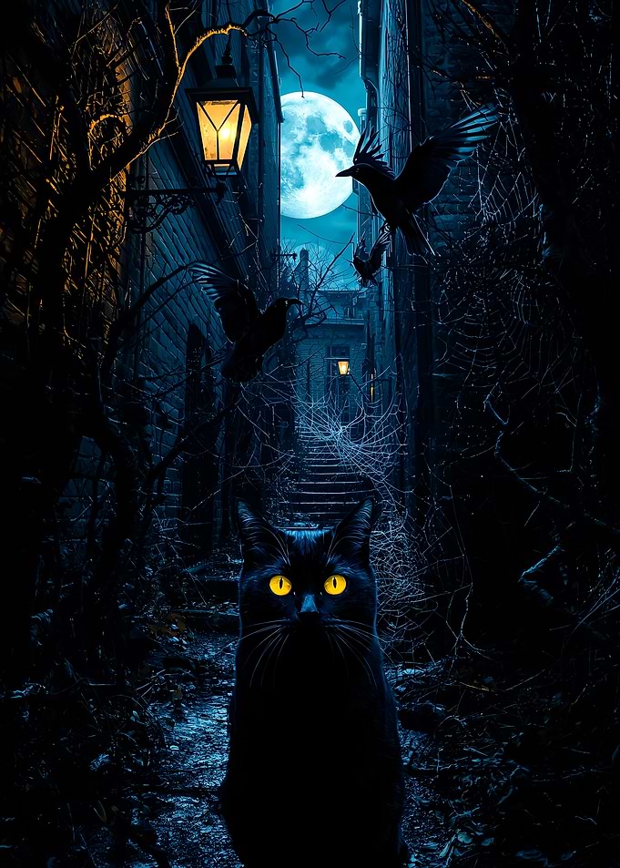 Black Cat in a Spooky Alley
