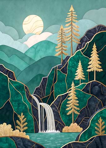 Moonlit Forest Waterfall Art Print Wall Decor