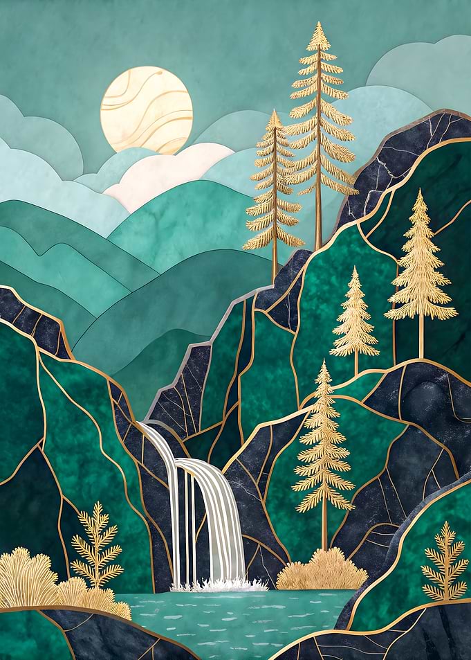Moonlit Forest Waterfall Art Print Wall Decor
