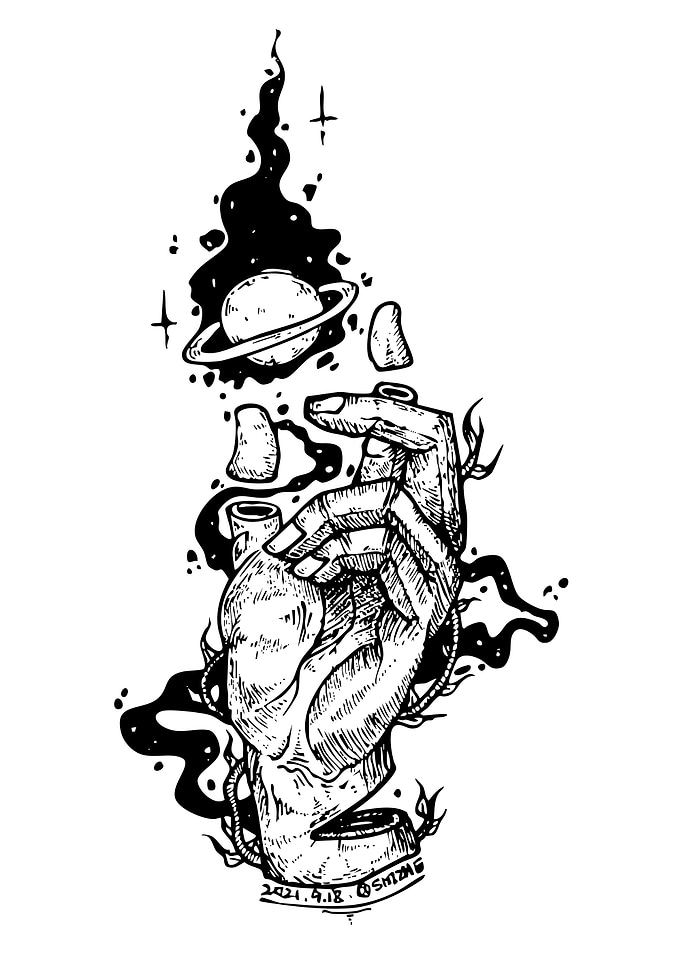 Hand Holding Space Ink Drawing