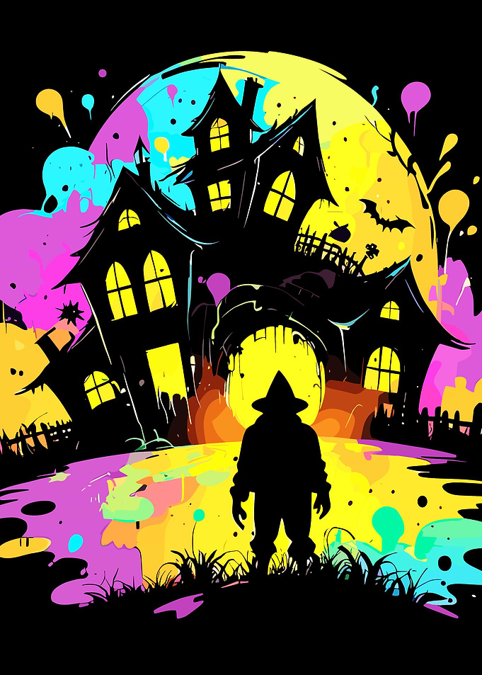 Colorful Halloween Haunted House Illustration