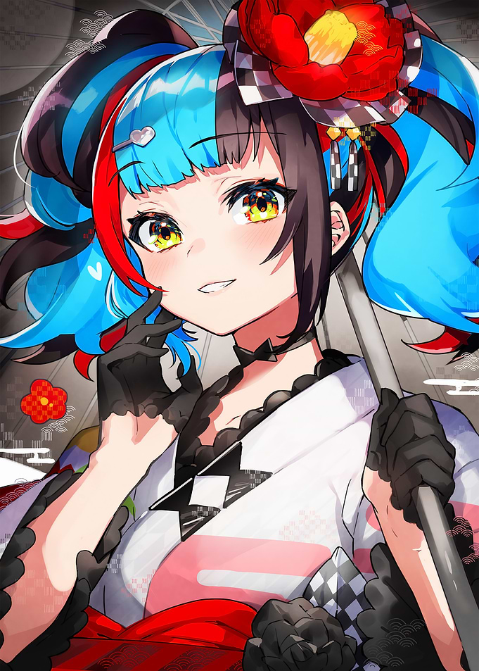 Anime Girl with Colorful Hair and Kimono