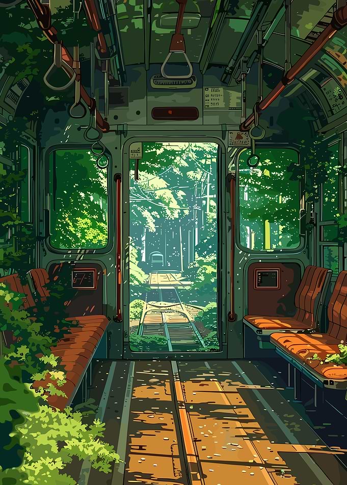 Overgrown Train Car with Forest View