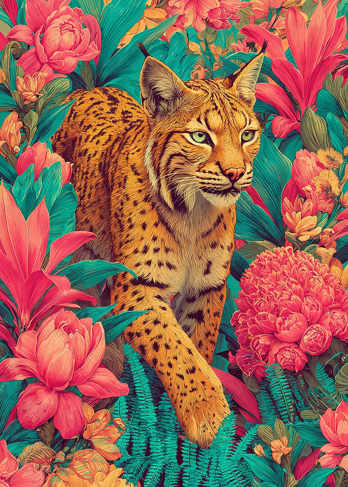 Bobcat in Tropical Floral Jungle