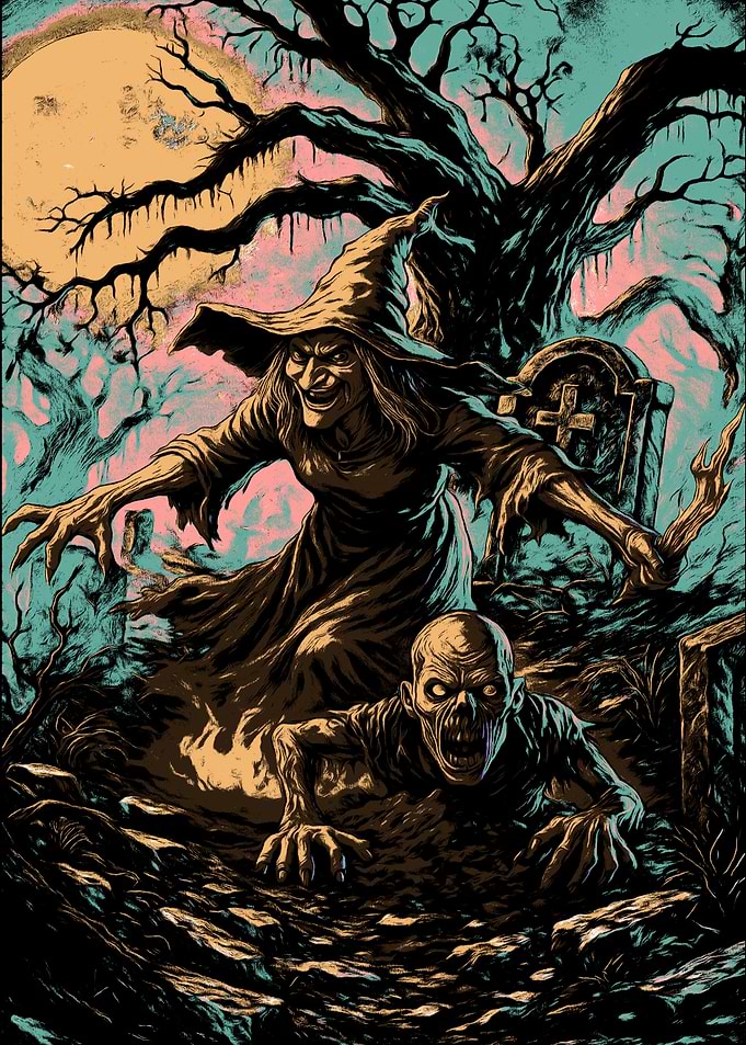 Witch and Zombie in Graveyard Scene