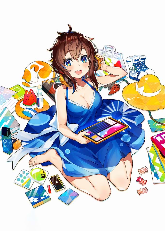 Anime Girl with Tablet and Summer Items