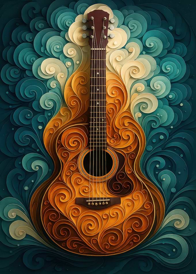 Ornate Guitar with Swirling Background