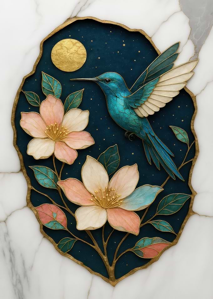 Hummingbird and Flowers on Marble Background