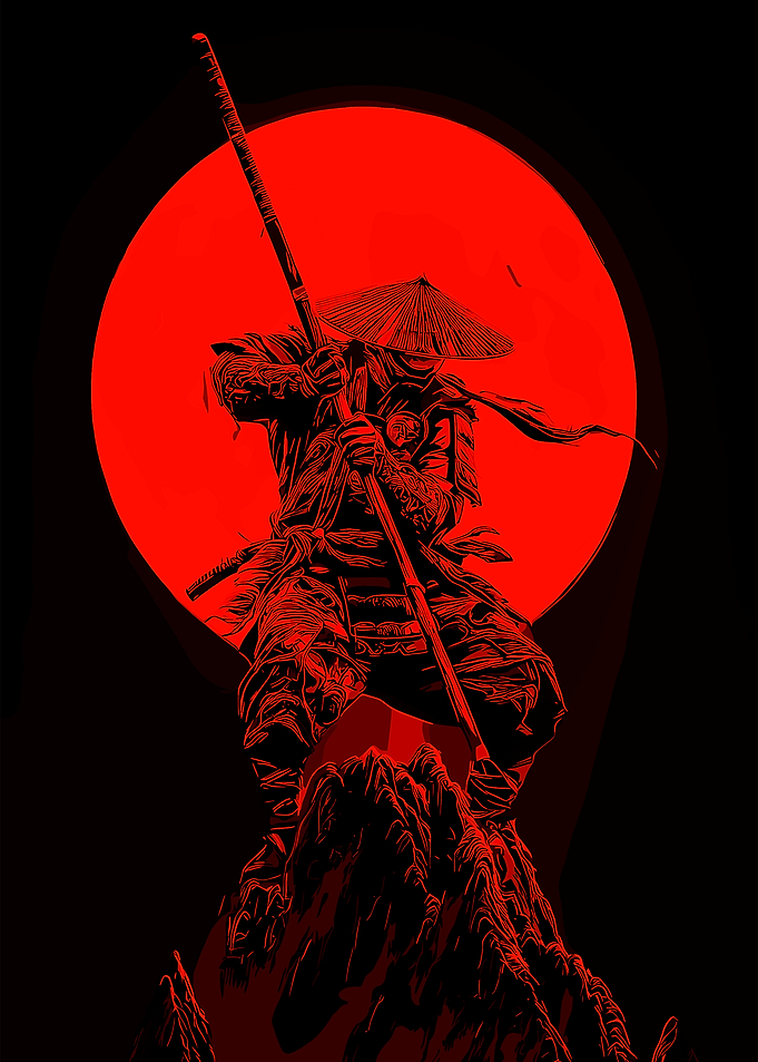 Red Samurai Warrior on Mountain Peak