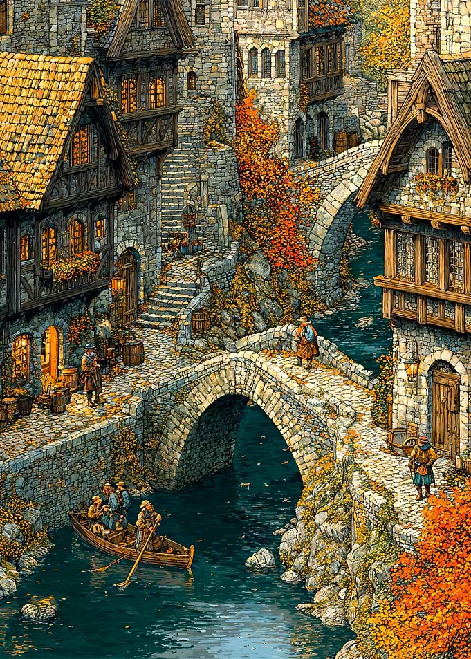 Medieval Village Scene with Stone Bridges