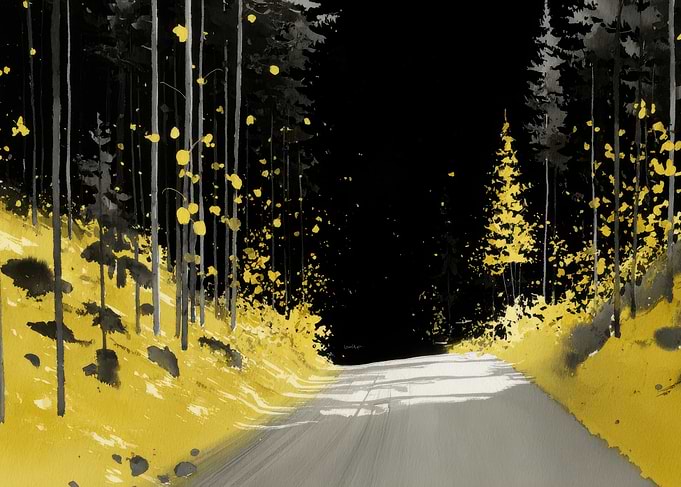 Yellow Forest Road Watercolor Painting