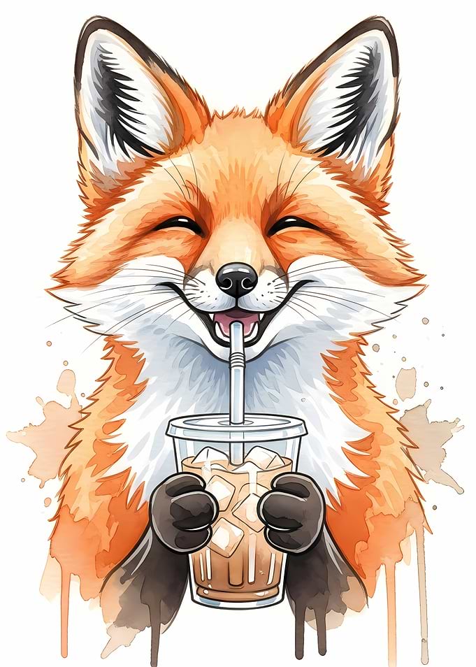 Fox drinking iced coffee watercolor art