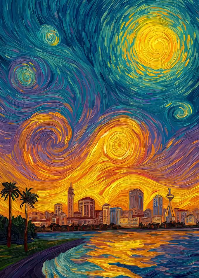 Cityscape under a swirling sky painting