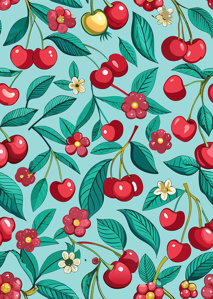 Cherry and Floral Pattern on Blue
