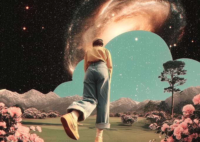 Surreal figure walking into galaxy gateway with cosmic landscape