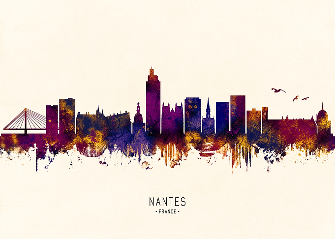 Nantes France Skyline Watercolor Silhouette