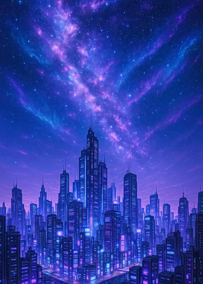 Fantasy Cyberpunk Cityscape Under a Starry Sky