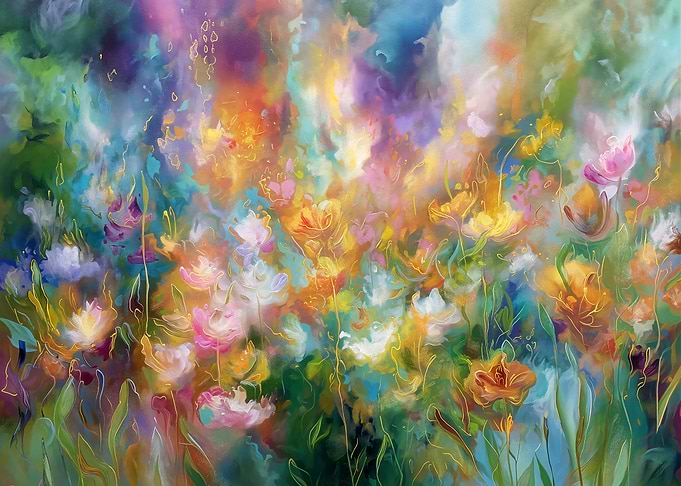 Abstract cosmic floral explosion in pastel and deep tones