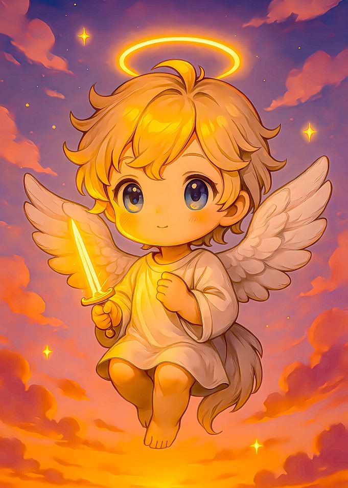 Cute Angel with Sword in the Sky