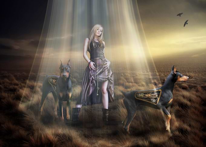 Steampunk Girl with Robotic Dobermans