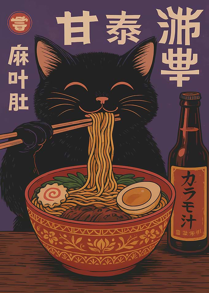 Cat Eating Ramen with Beer