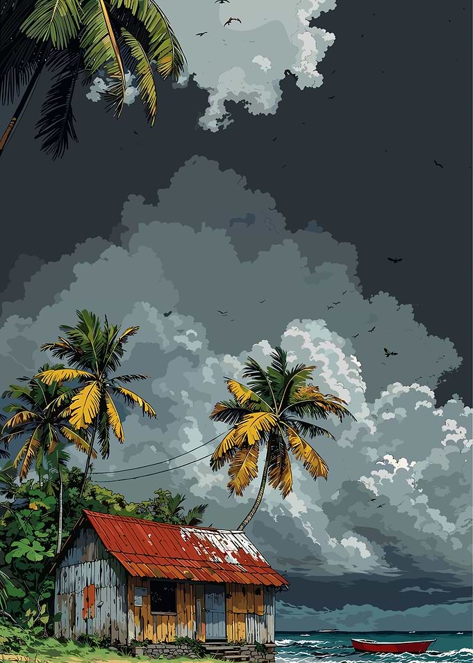 Tropical Island Hut with Stormy Sky