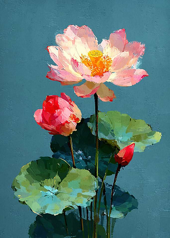 Lotus Flowers Painting on Blue Background