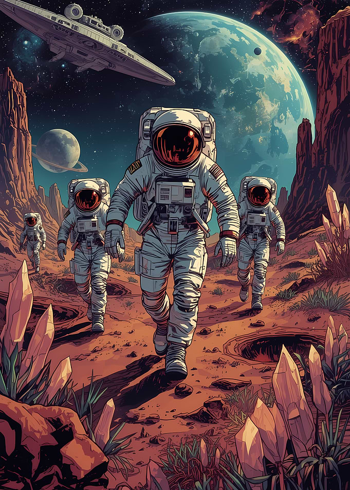 Astronauts Exploring Alien Planet Landscape