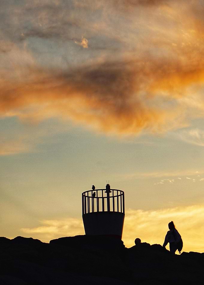 Sunset Silhouette with Birds and People