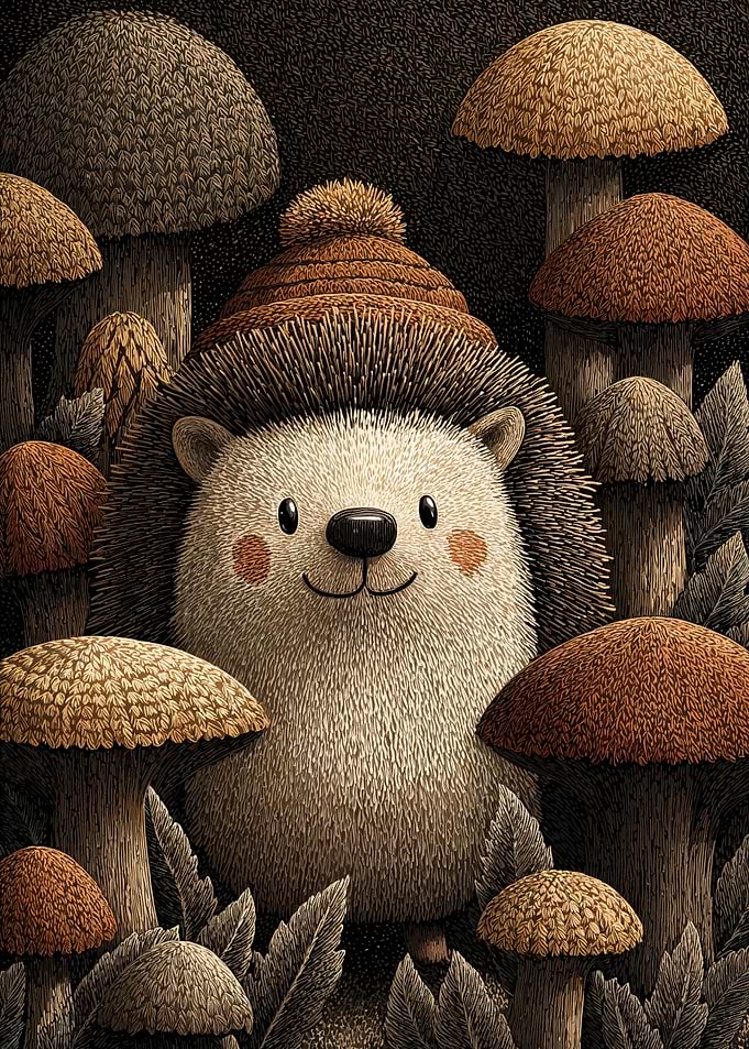 Cute Hedgehog with Mushrooms