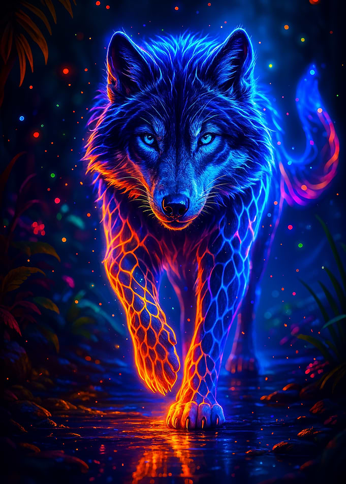 Neon Wolf in Dark Forest