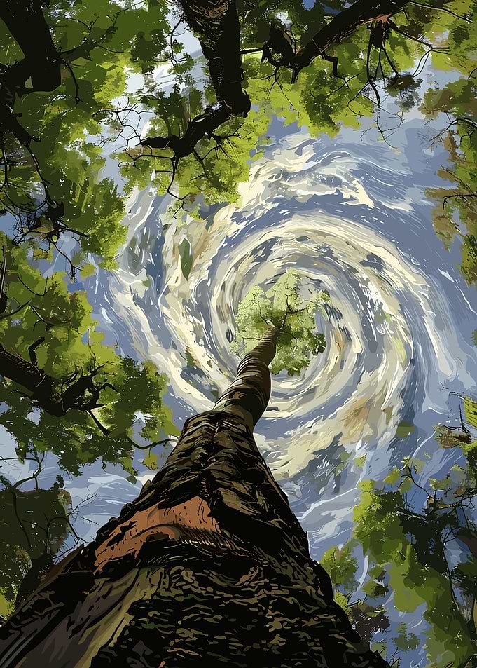 Tree Perspective with Swirling Sky