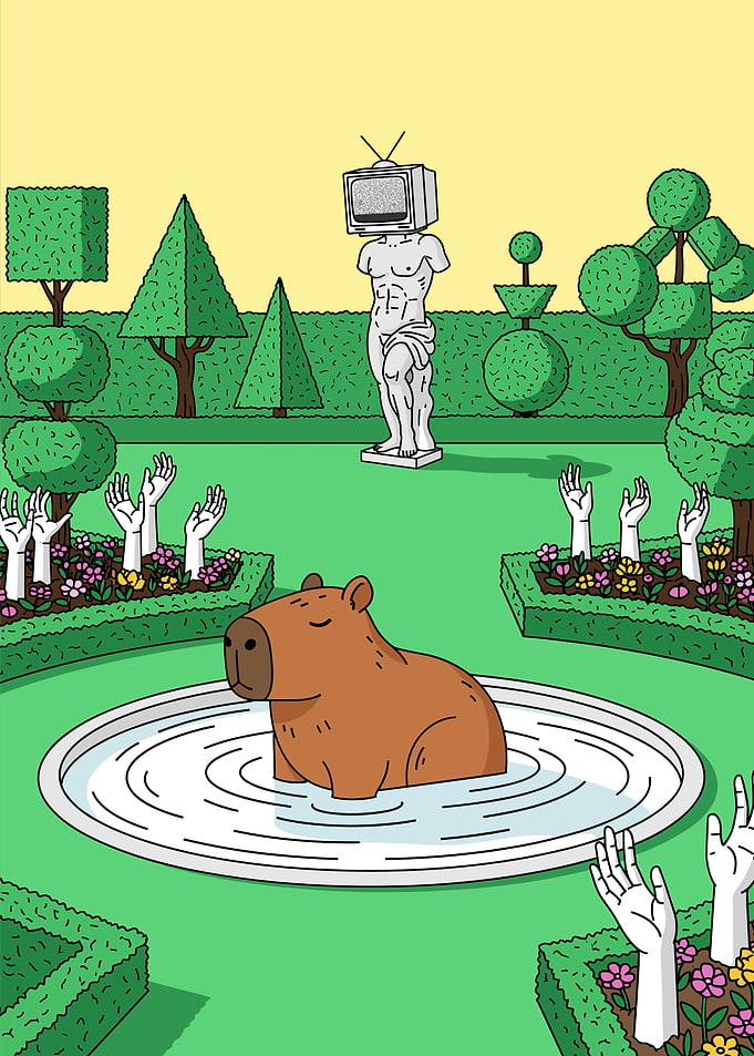 Capybara in Garden with TV Statue