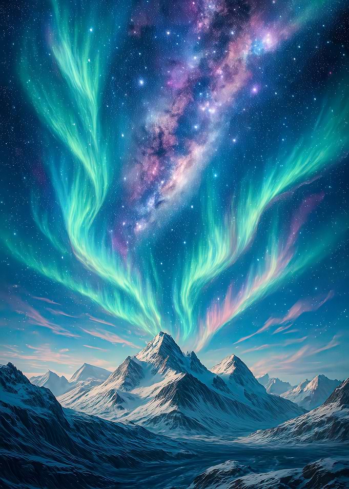 Fantasy Aurora Borealis over Snowy Mountains