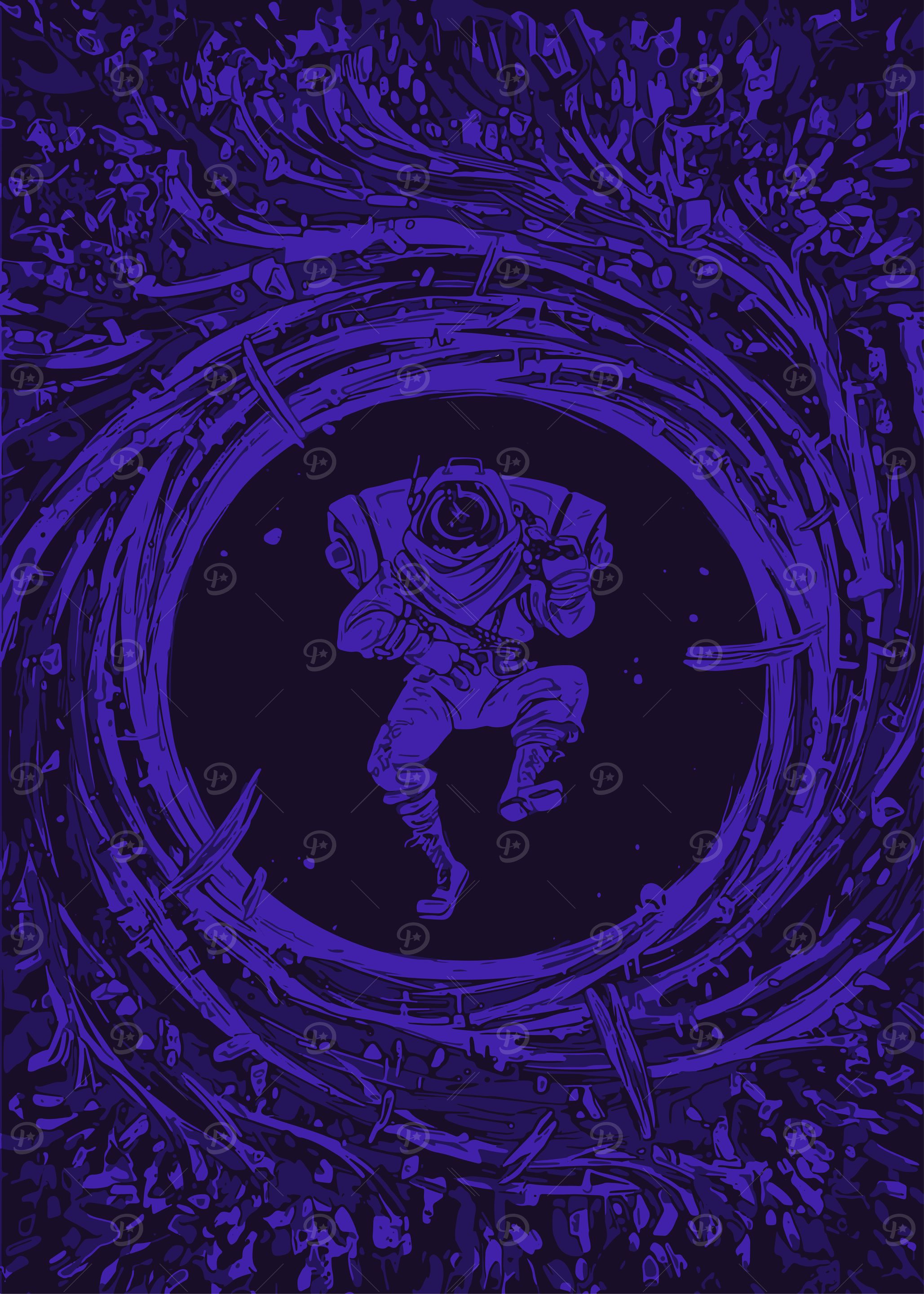 Astronaut in swirling vortex, purple art