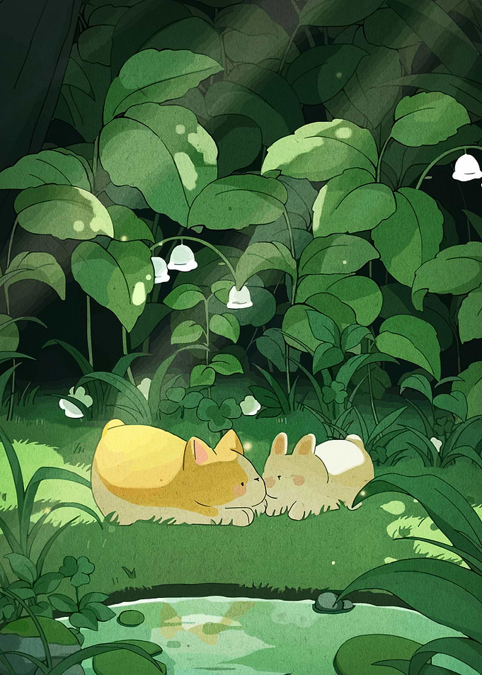 Corgi and Rabbit in Forest Glade