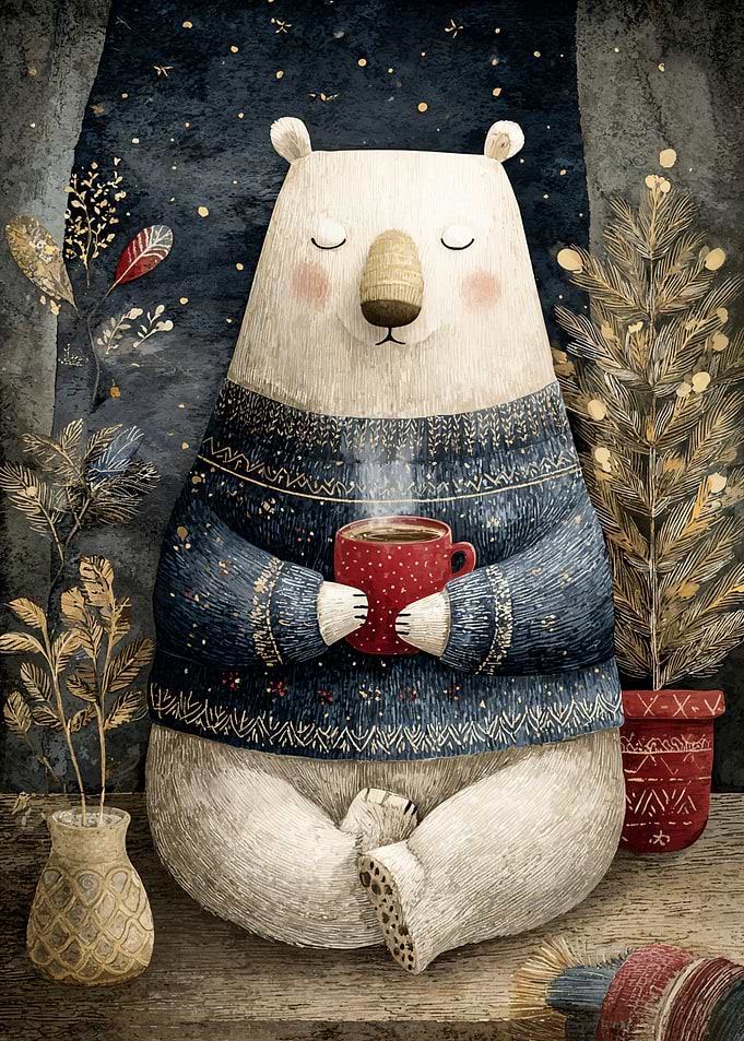 Cozy Polar Bear with Hot Drink