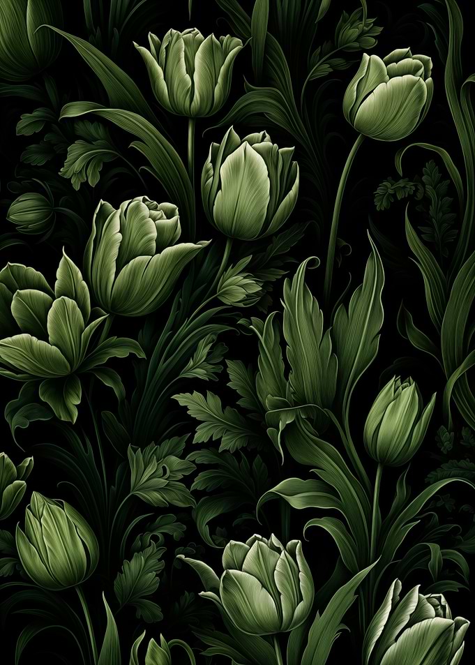 Green Tulips on Black