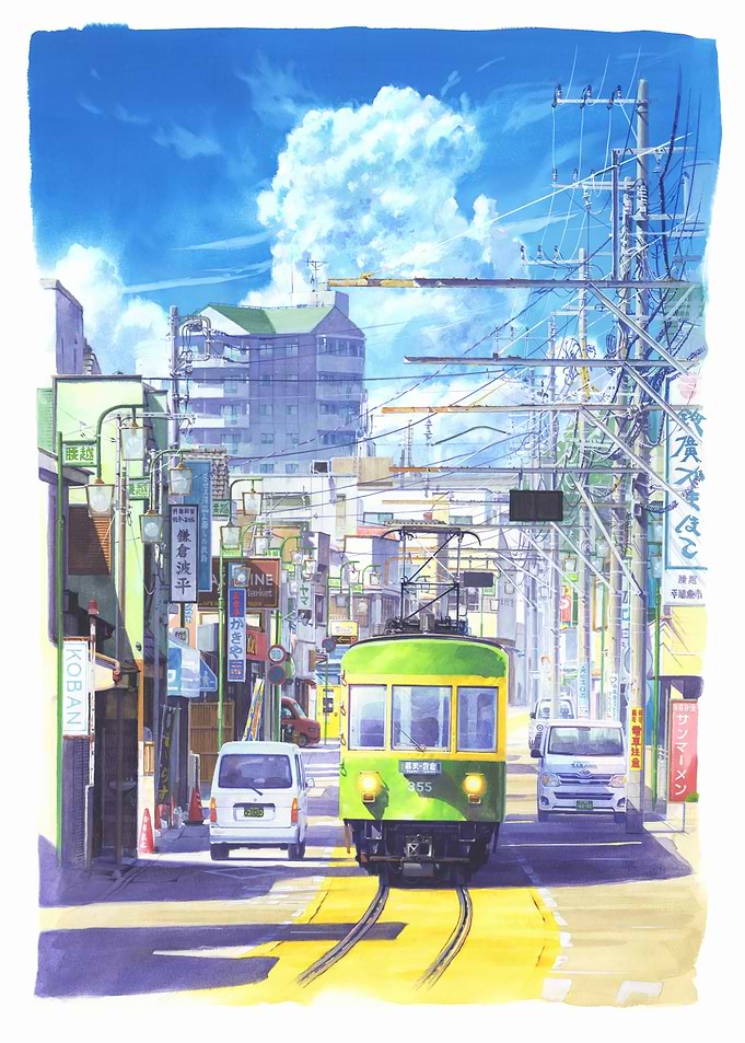 Japanese Street Scene with Green Tram