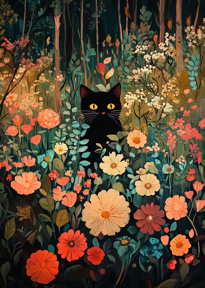 Black Cat in Floral Garden Painting