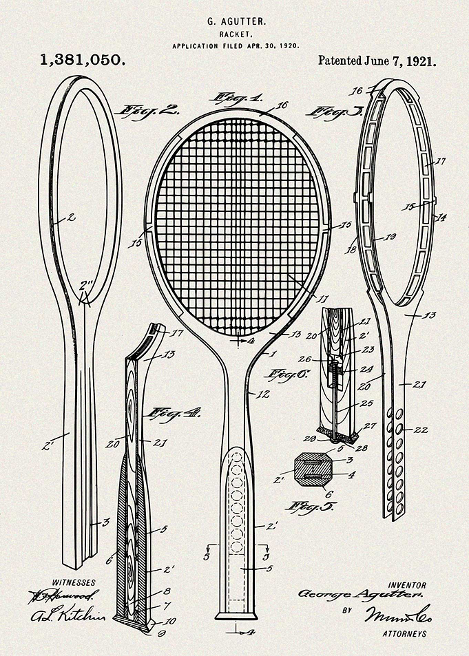 Tennis Racket Patent Drawing, 1921