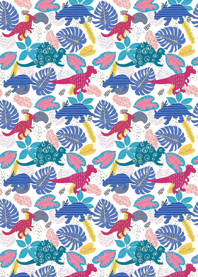 Dinosaur and Tropical Leaves Pattern