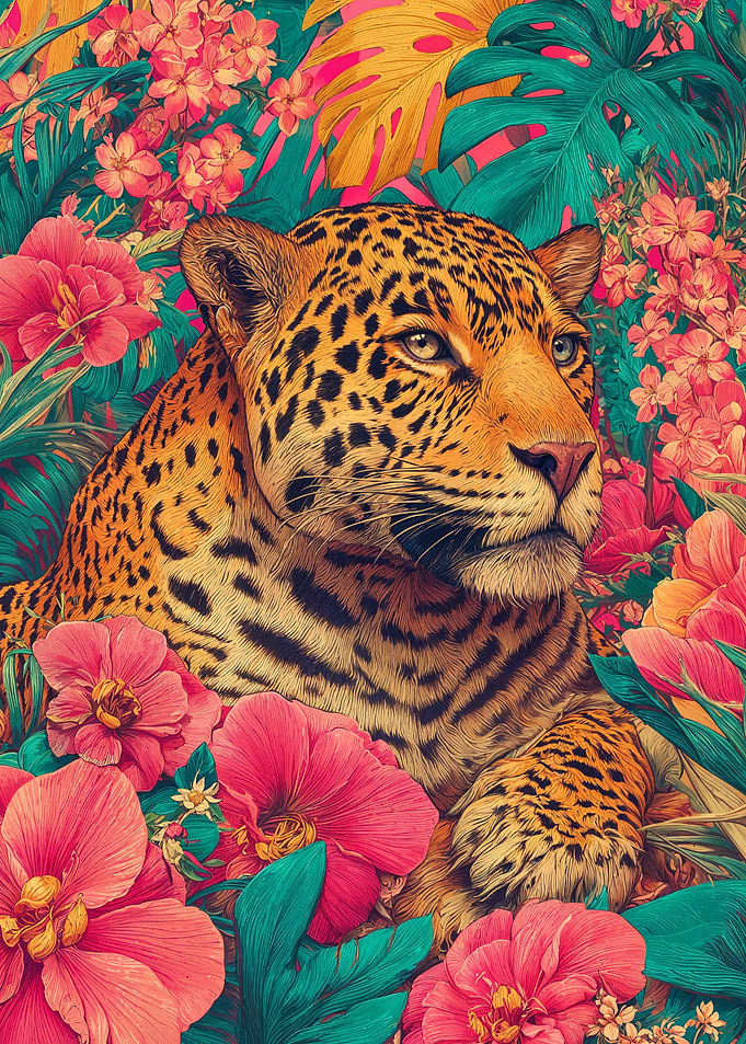 Leopard in Tropical Floral Paradise