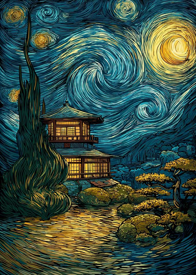 Japanese Temple Under Starry Night Sky